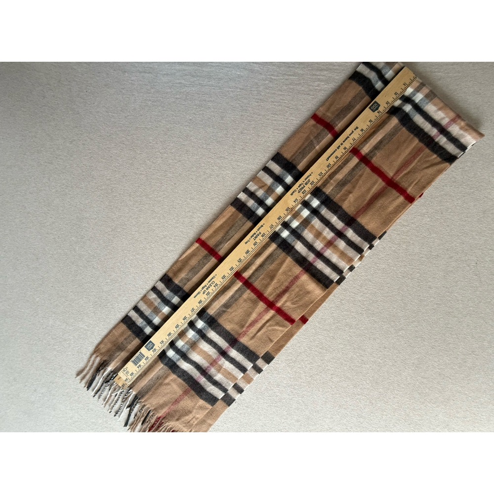 V. Fraas Cashmink Scarf Tan Plaid Check Acrylic Made in Germany Fringe Trim